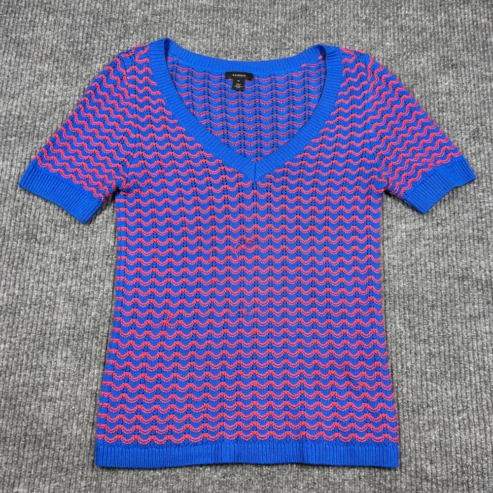 Halogen Shirt Womens M Blue Pink Wavy Knit V-Neck Short Sleeve Sweater Top